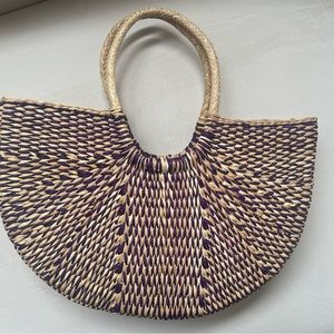 Handwoven Straw Tote Bag Purple Handmade Purse Market Tote